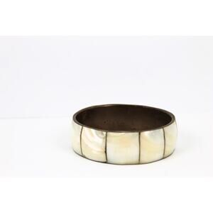 Vintage Bangle Mother of Pearl Bracelet Wide Brass